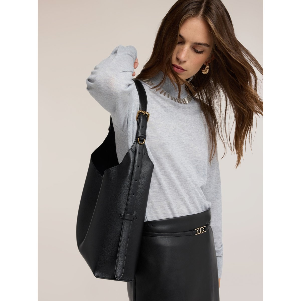 Sac bandoulière hobo avec anse réglable noir, MOTIVI