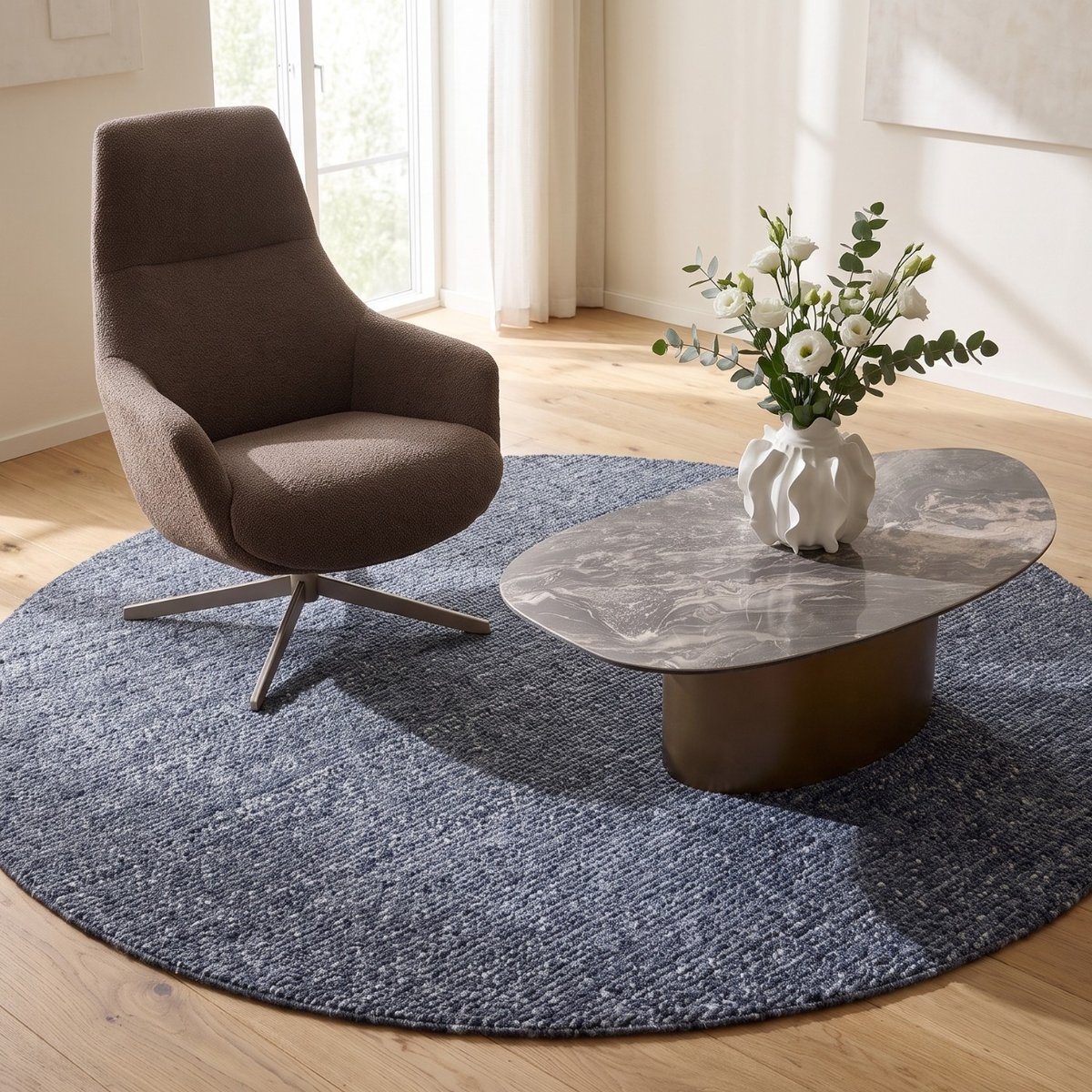Tapis rond en polyester bouclé, BOUCARA bleu, KARE DESIGN