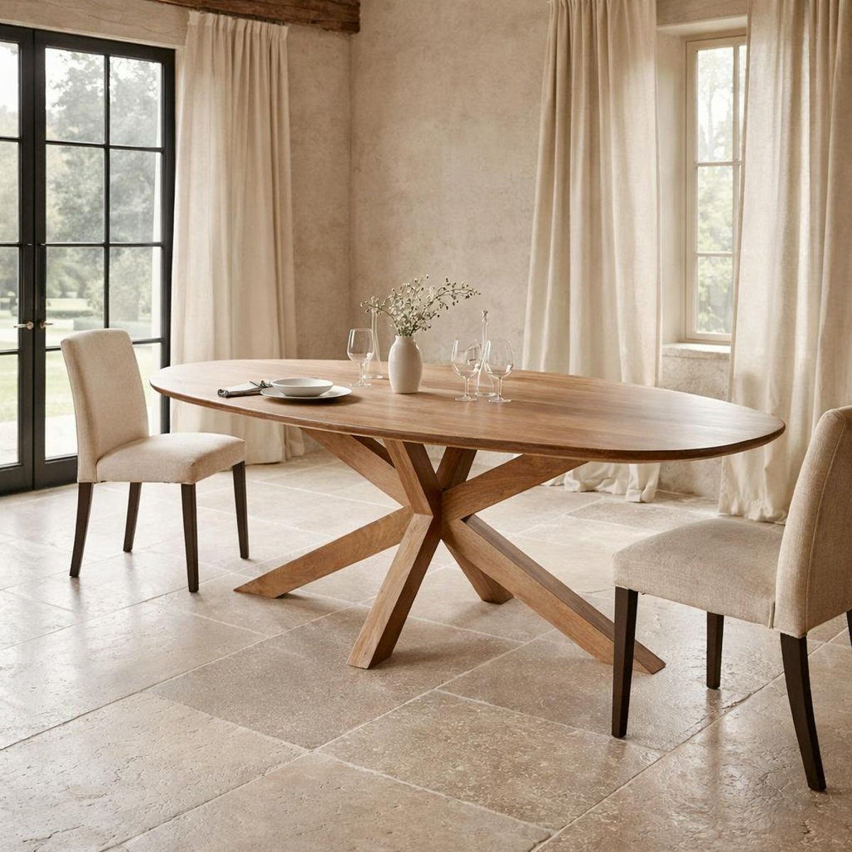 Table à manger ovale organique à pied central 210 cm NERO bois naturel, PIER IMPORT