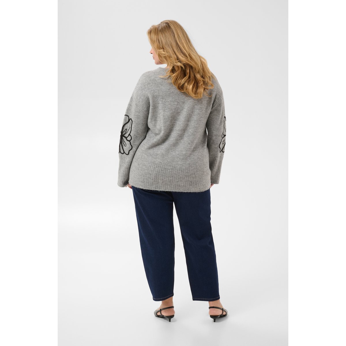Pullover tricoté gris noir grey melange/black flower emb., KAFFE CURVE