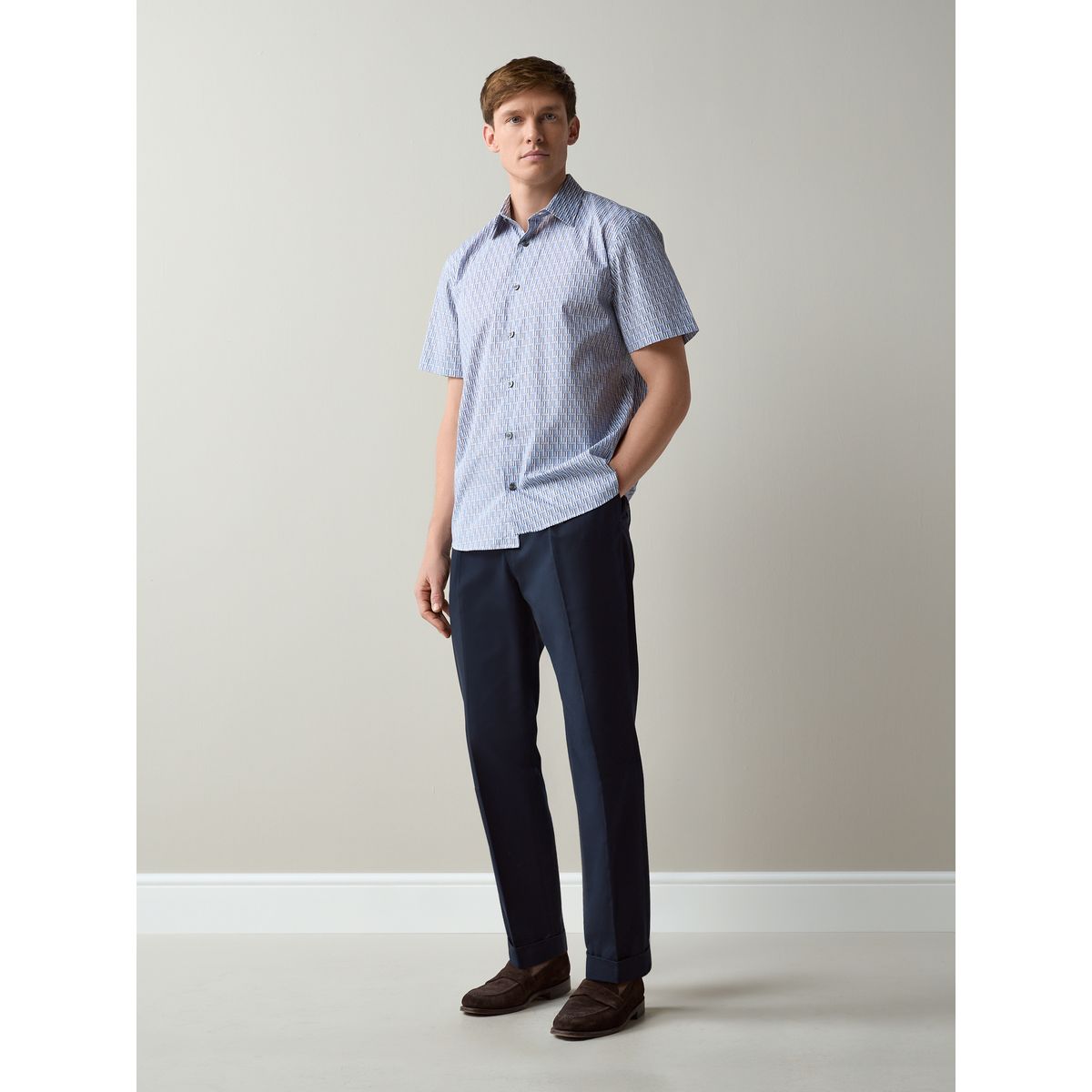 Chemise en coton imprimée à manches courtes bleu géométrique, NEXT