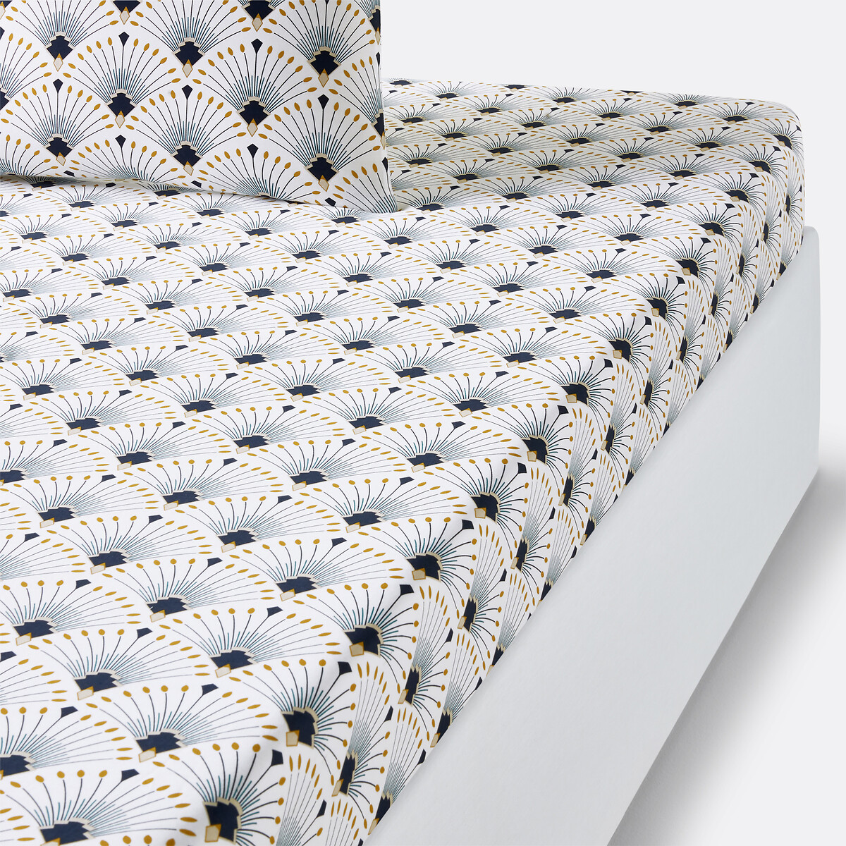 Drap housse satin de coton, Pawica blanc/imprimé bleu, LA REDOUTE INTERIEURS