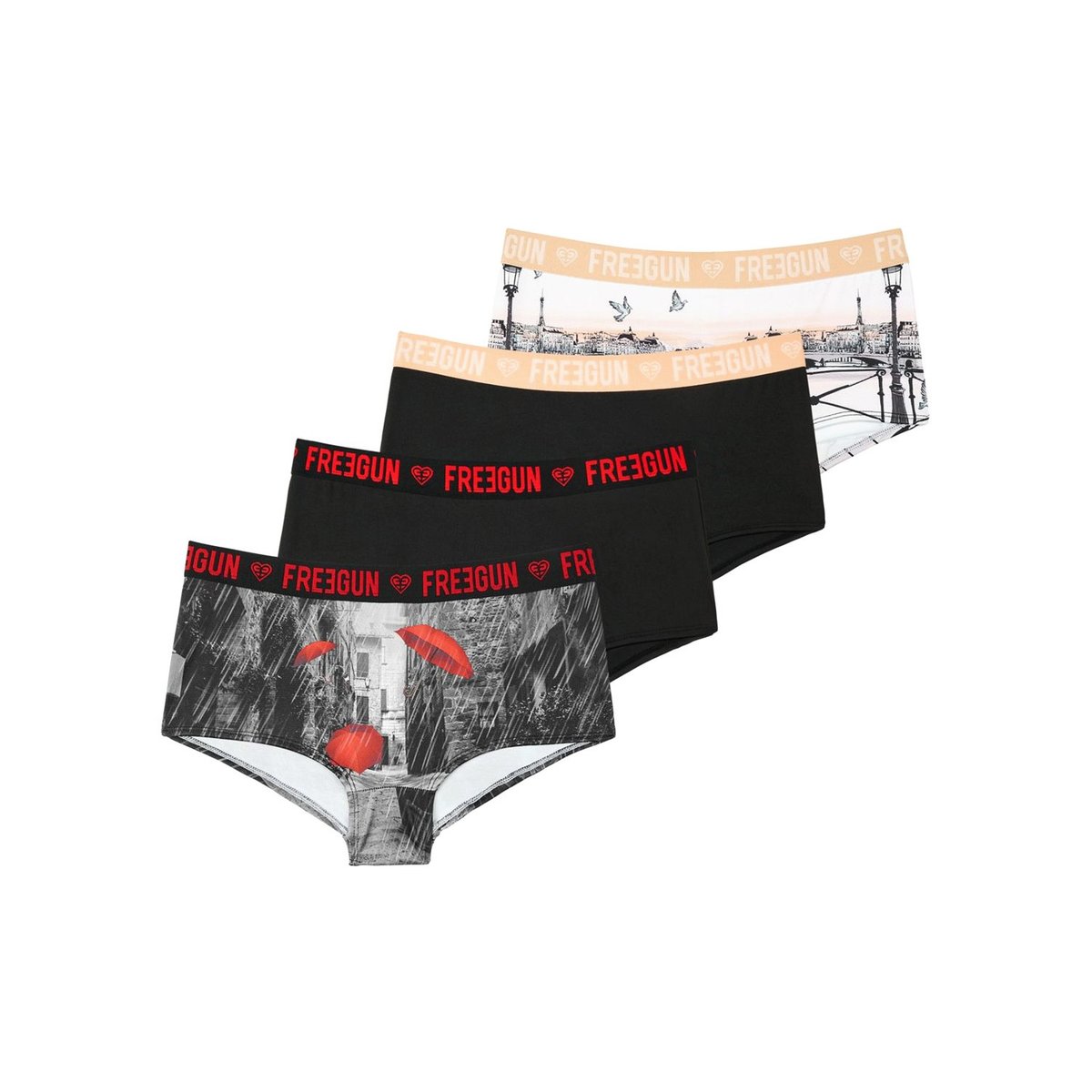 Lot De 4 Shortys Microfibre noir/gris/rouge, FREEGUN
