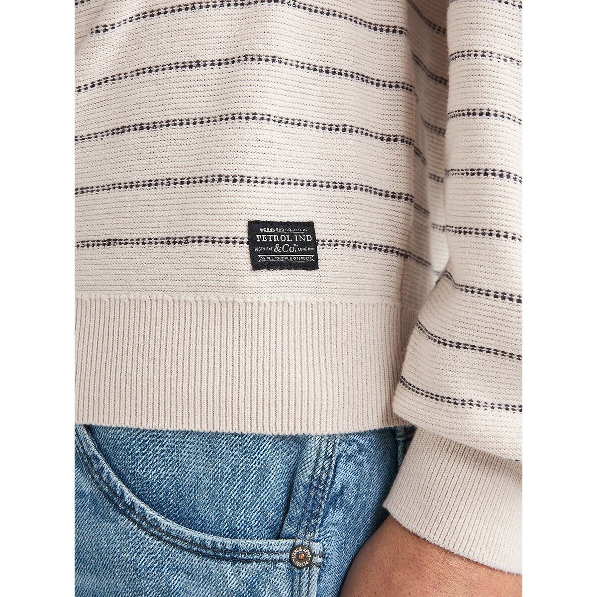 Pull en fine maille col rond ecru/marine, PETROL INDUSTRIES
