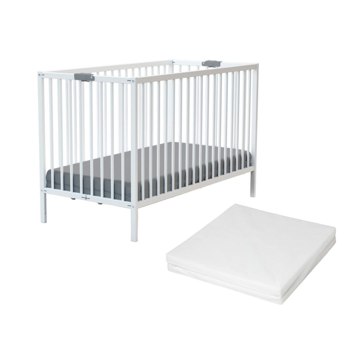 Lit bébé pliant en bois avec matelas FLEX blanc, WEBABY