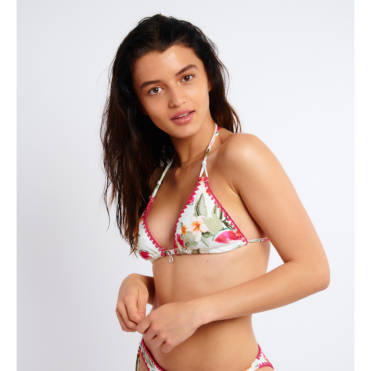 Nuco Palmrose Triangle Bikini Top print/ecru background, BANANA MOON
