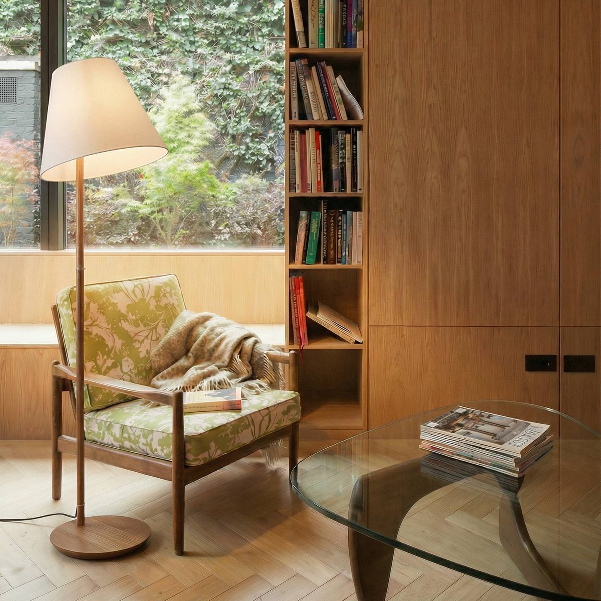 Lampadaire en textile scandinave, Jinda blanc, chêne foncé, LUCANDE