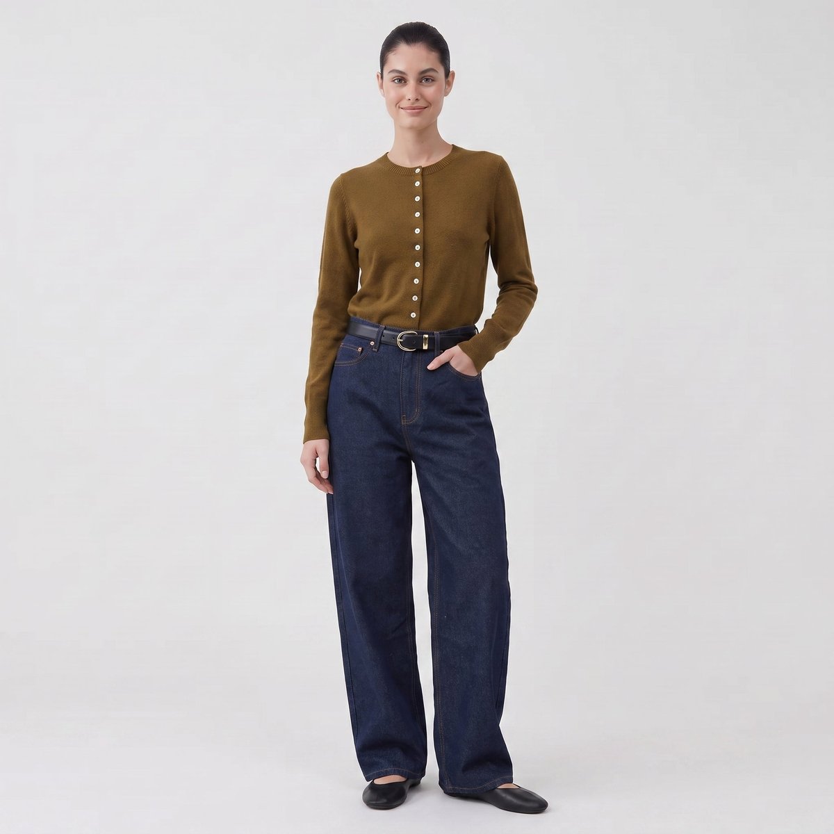 Jean femme wide leg taille haute cinq poches ERERA navy, ARTLOVE