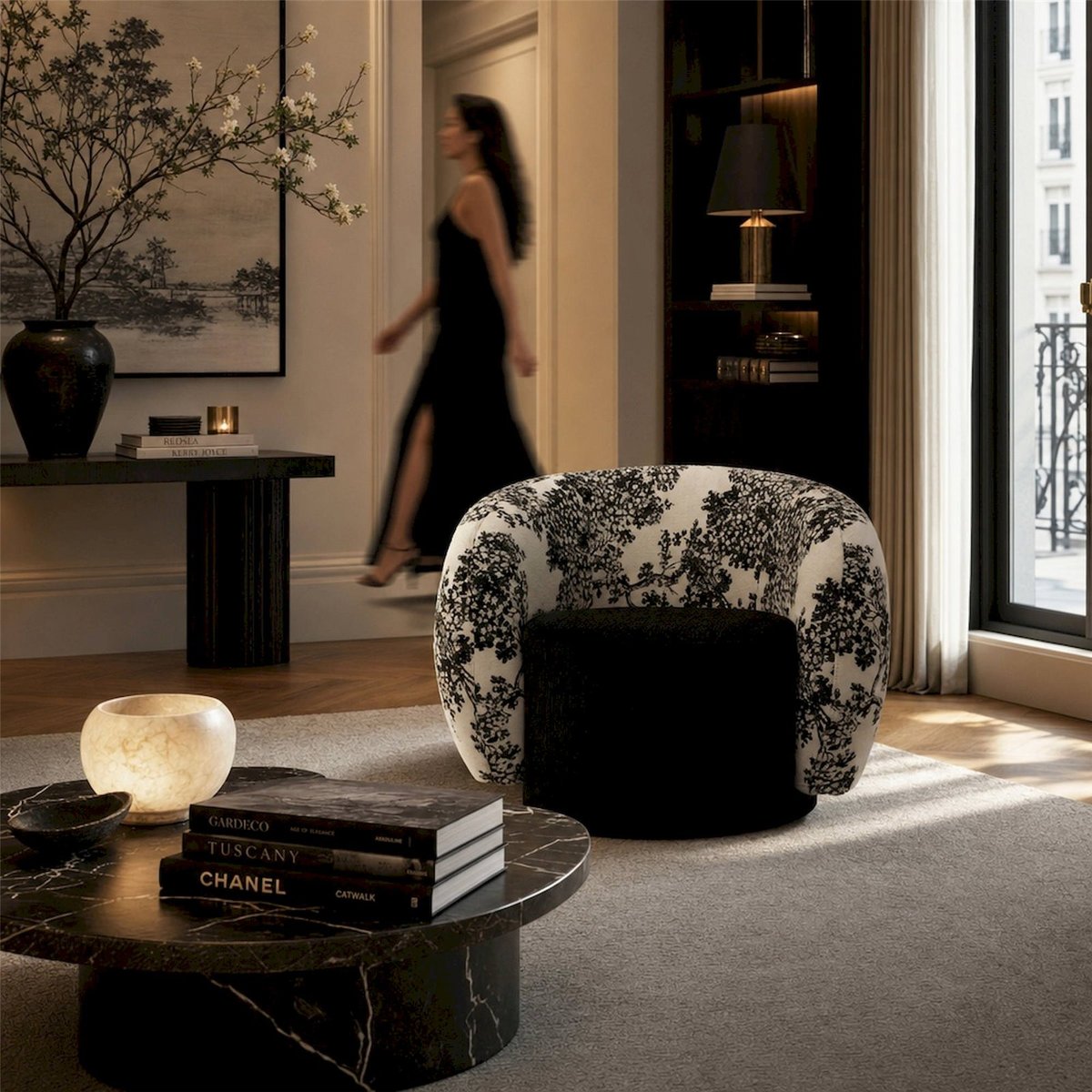 Fauteuil style oriental motif végétal MODERN noir et blanc, RECOLLECTION