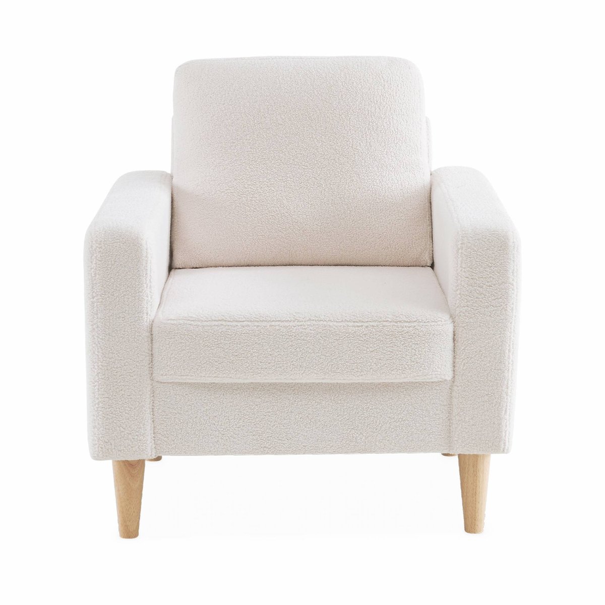 Fauteuil scandinave bois d'eucalyptus bouclette BJORN crème, SWEEEK