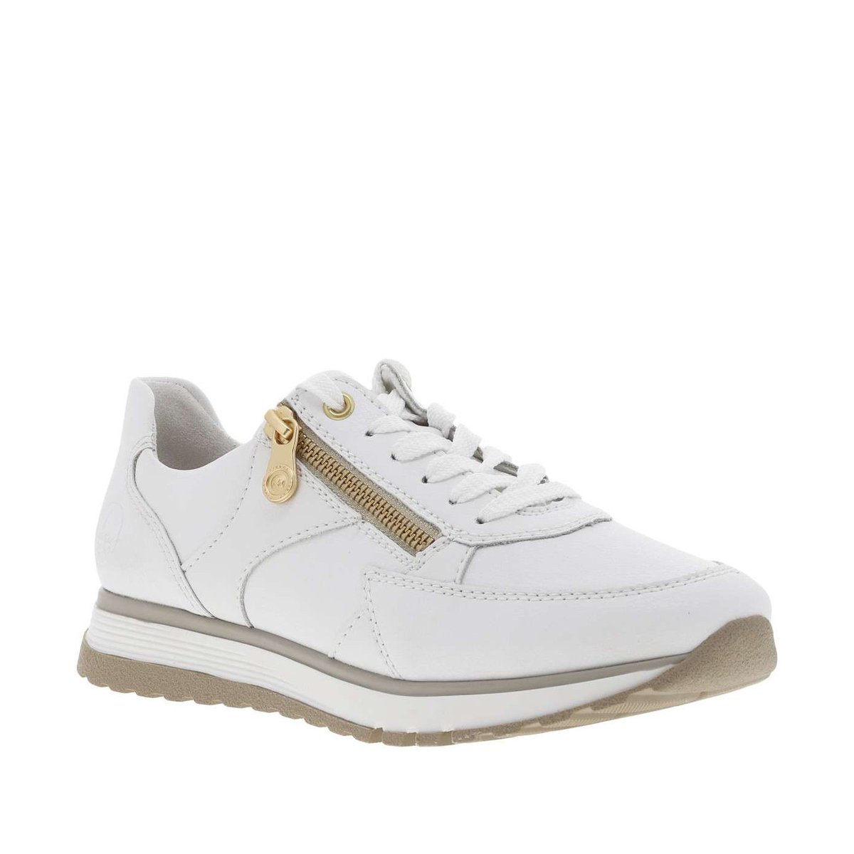 Baskets en cuir beiges à talon compensé bas avec des lacets et un zip latéral blanches, RIEKER