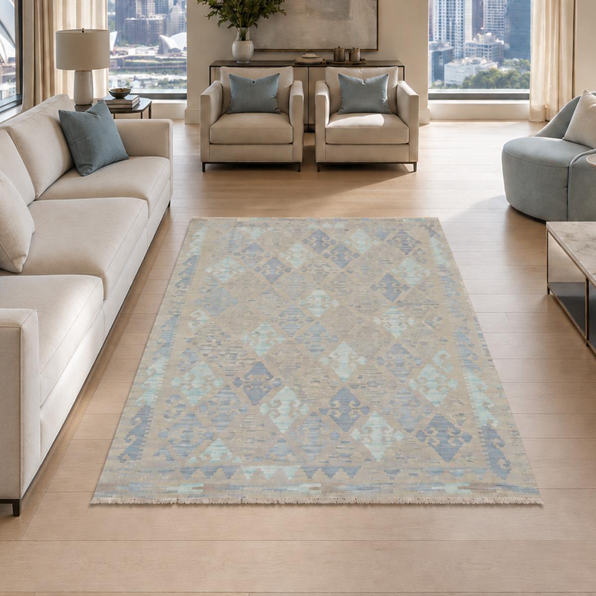 Tapis d'orient au motif géométrique, tissage plat naturel, KILIM 18 bleu, beige, vert, UN AMOUR DE TAPIS