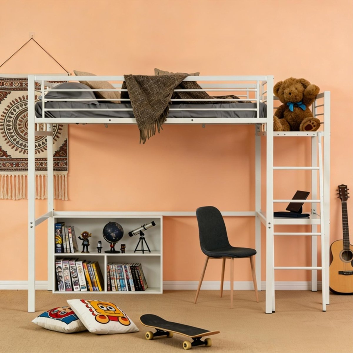 Lit mezzanine Lits superposes en métal sans matelas, LIONEL blanc, MEUBLES COSY