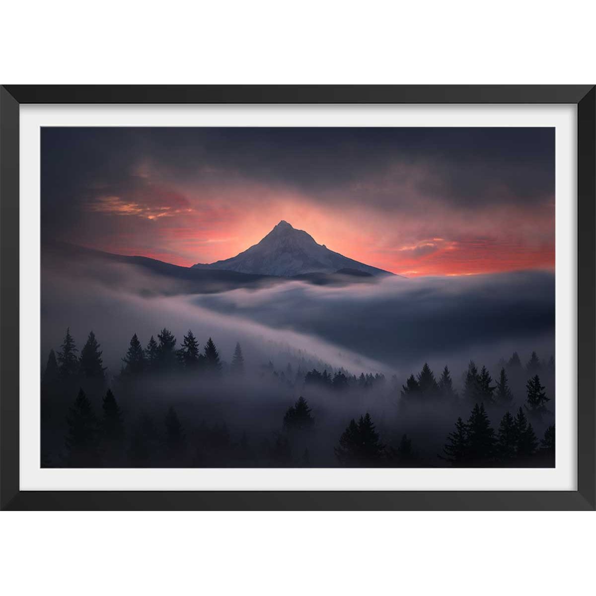 Affiche Brume en Oregon affiche + cadre en bois - noir, HEXOA