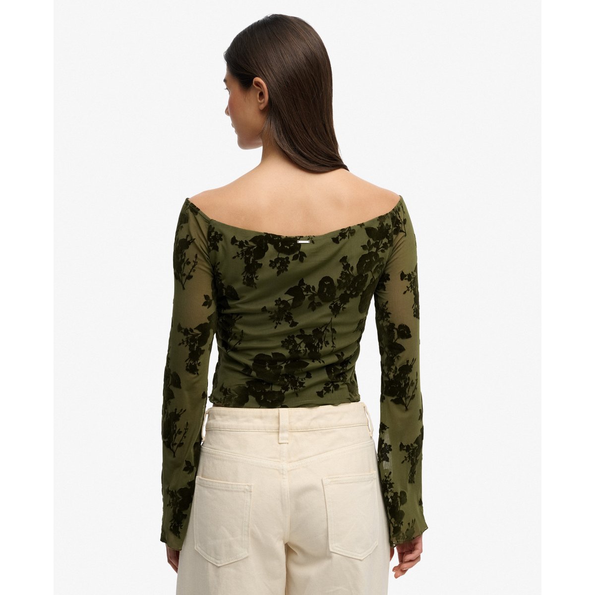 Top à manches longues en mesh floqué vert sapin, SUPERDRY