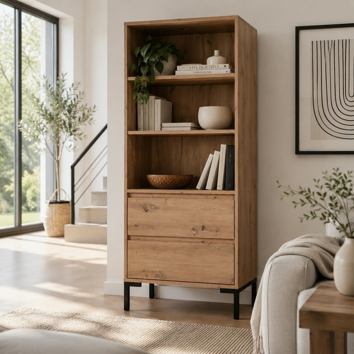 Bibliothèque étagère décor bois 2 tiroirs KARVI bois naturel, PIER IMPORT