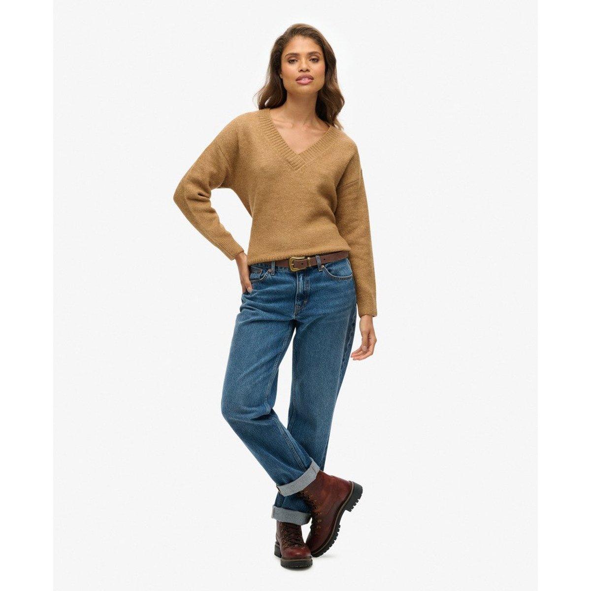 Pull oversize à col V beige peau chiné, SUPERDRY