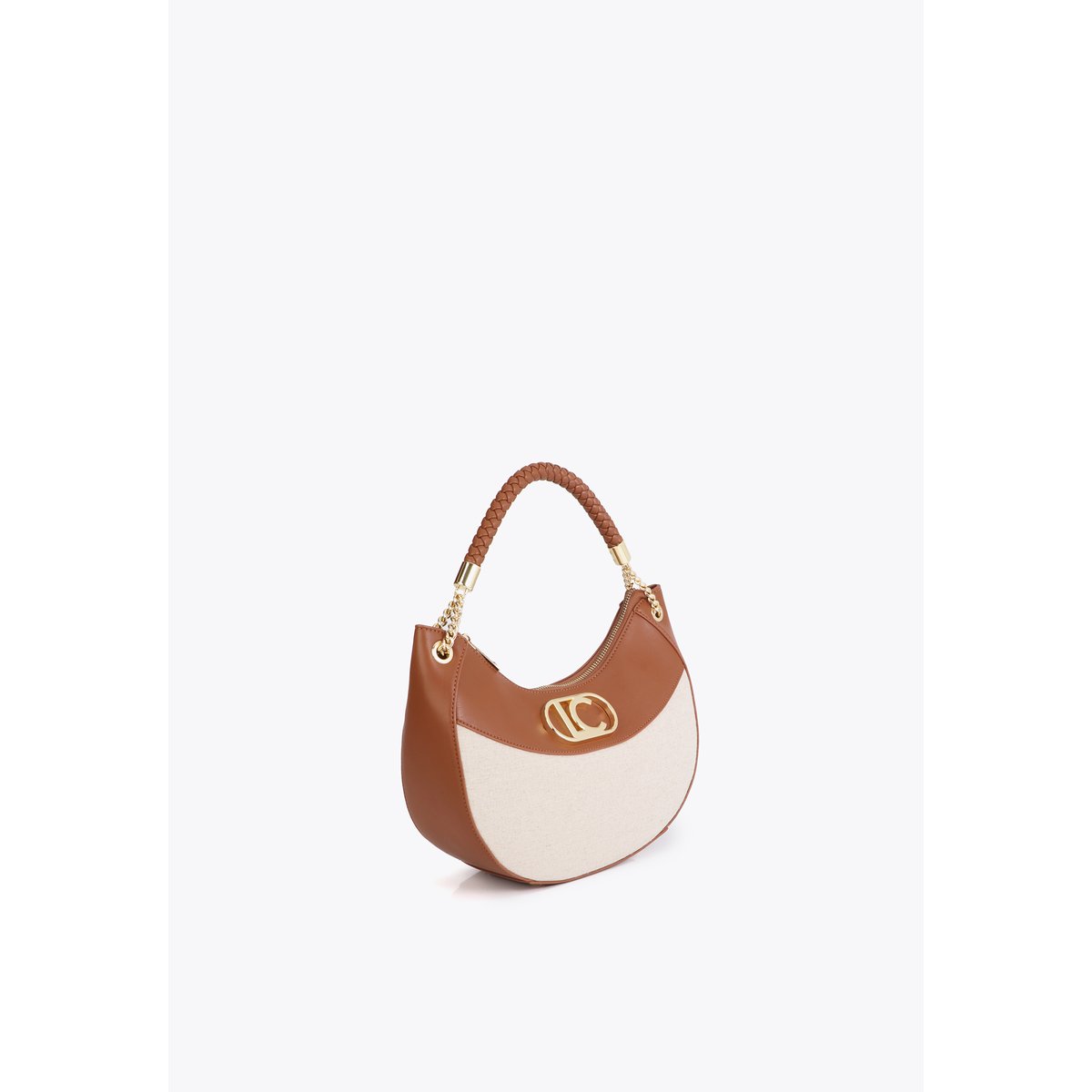 Sac à main bimatière avec poignée tressée camel, LOLA CASADEMUNT