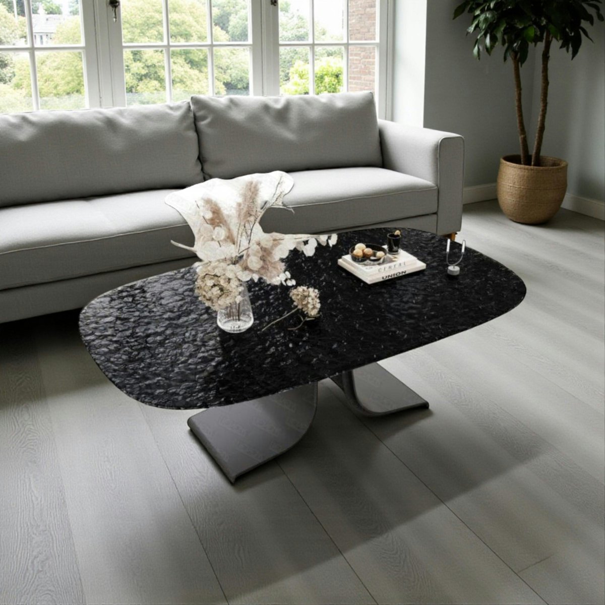 Table basse verre ondulé noir, pied ouvert LIGURIE noir, PIER IMPORT