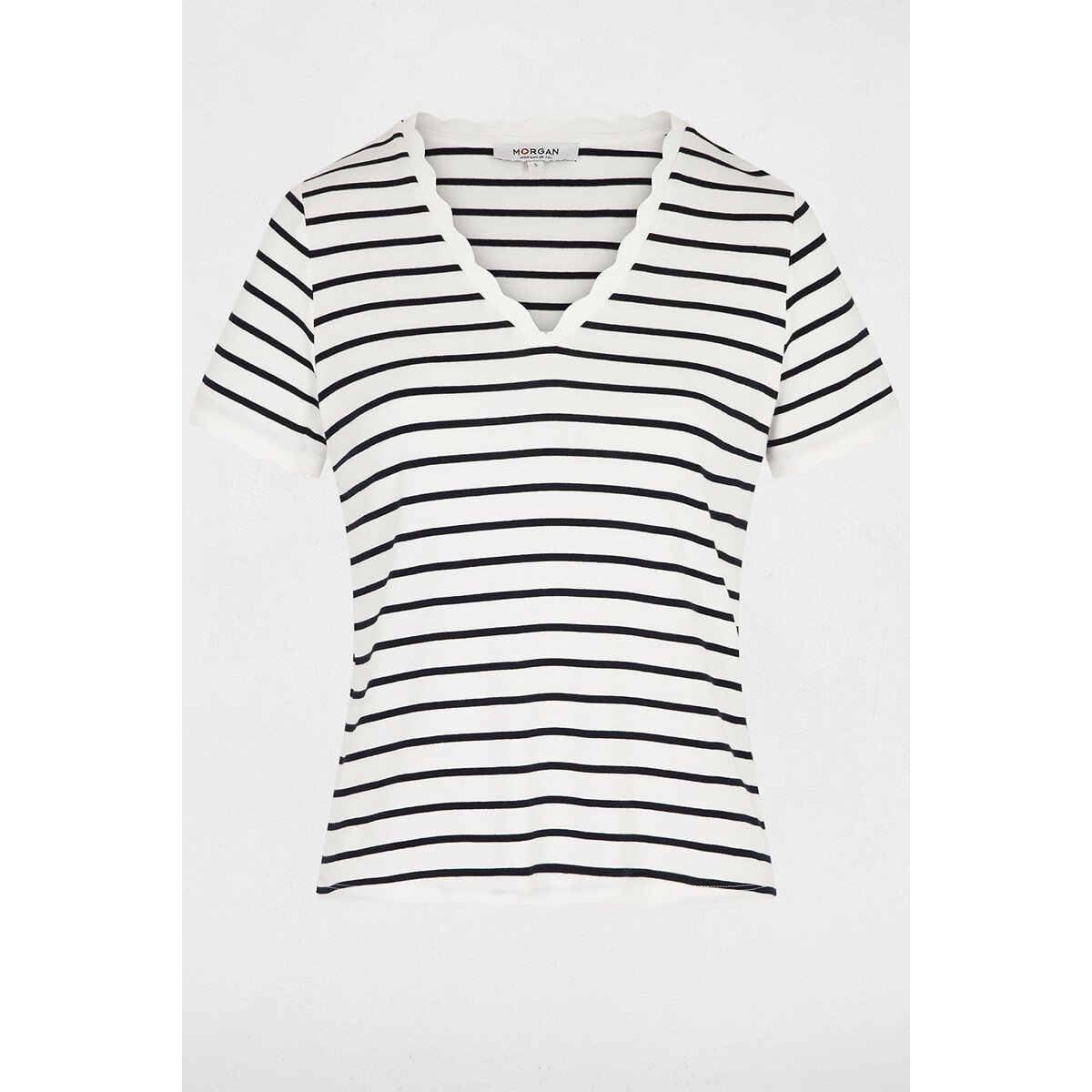 V-Neck T-Shirt with Short Sleeves navy striped/white, MORGAN