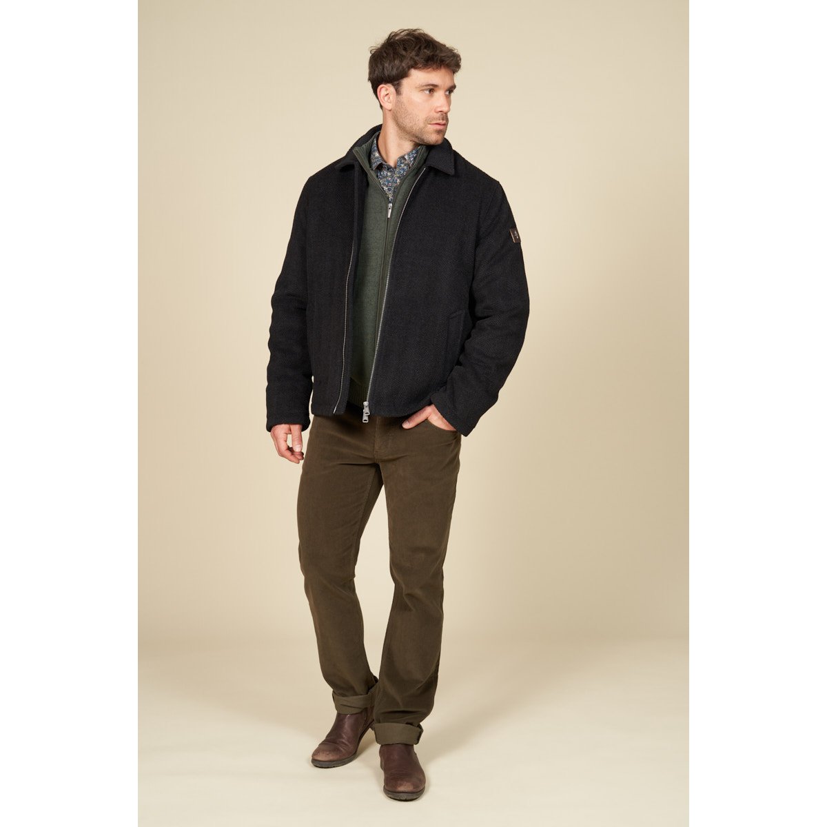 Blouson droit en laine à gros chevrons noir, MCS