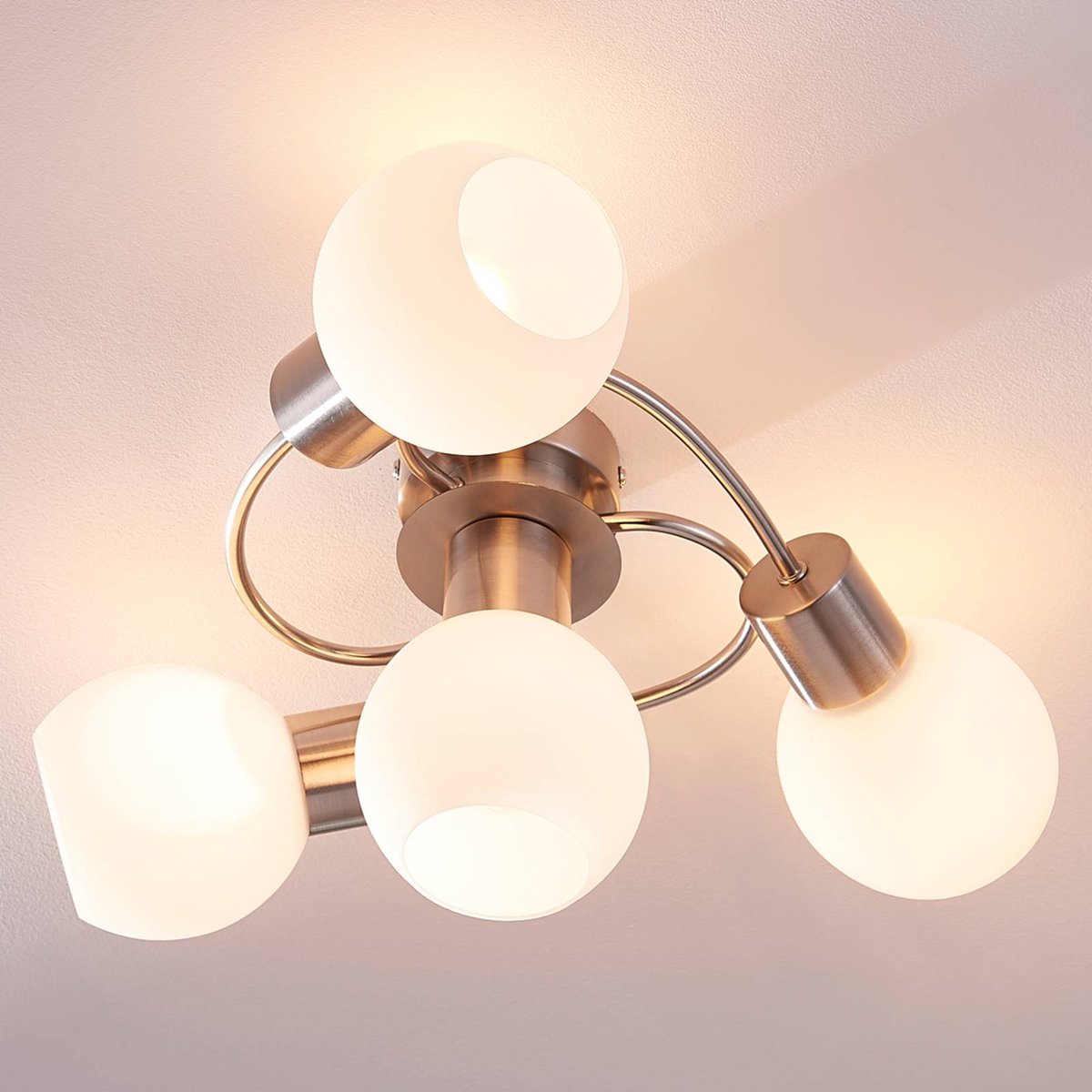 Plafonnier en verre moderne, Ciala blanc, nickel satiné, LINDBY