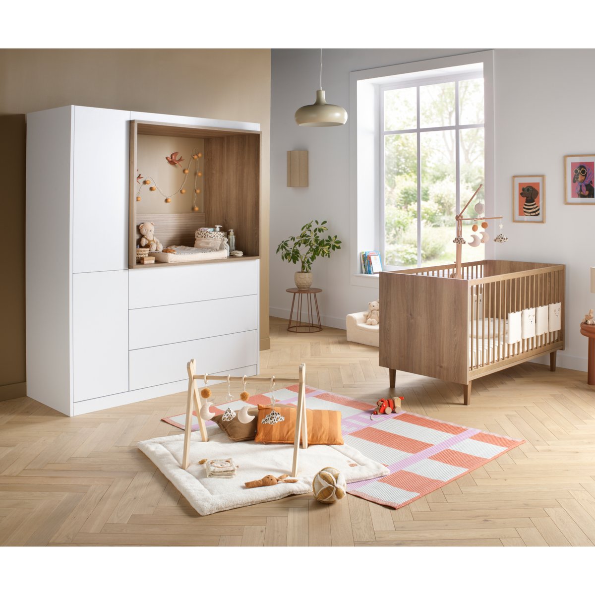 Combiné commode à langer 3 tiroirs, 1 colonne et niche décor chêne mokka blanc, SAUTHON