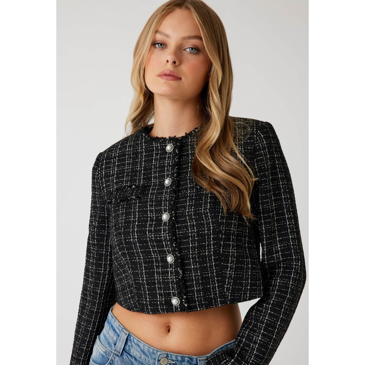 Veste Crop Tweed noir, GUESS