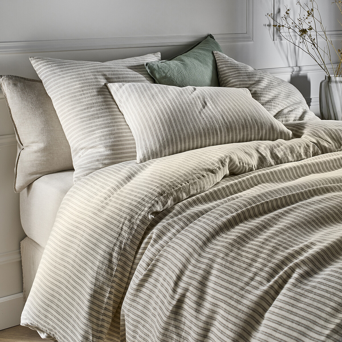 Kalaya Striped 100% Washed Linen Duvet Cover ecru/grey/coffee, AM.PM