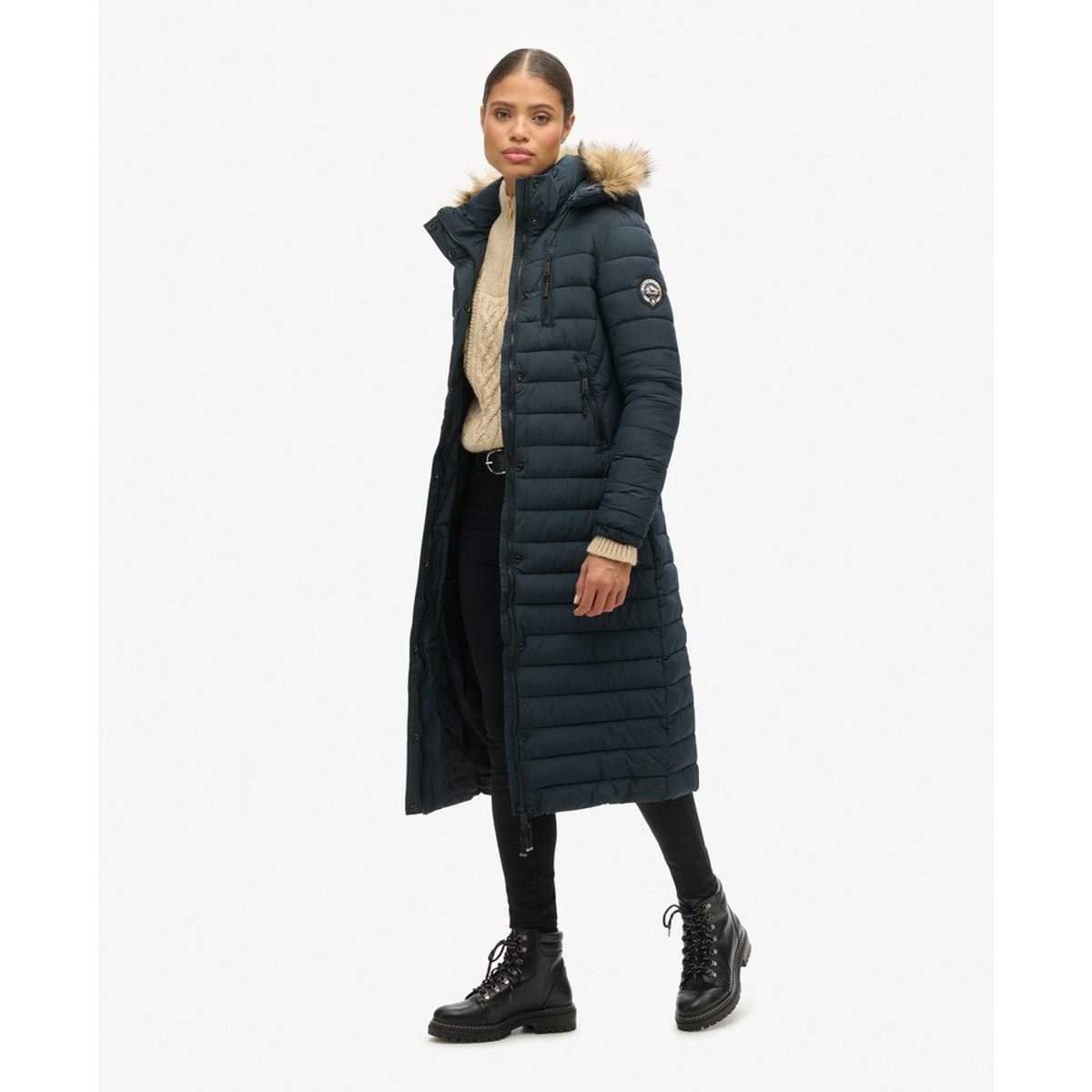 Doudoune longue et légère à capuche avec imitation fourrure bleu marine éclipse, SUPERDRY