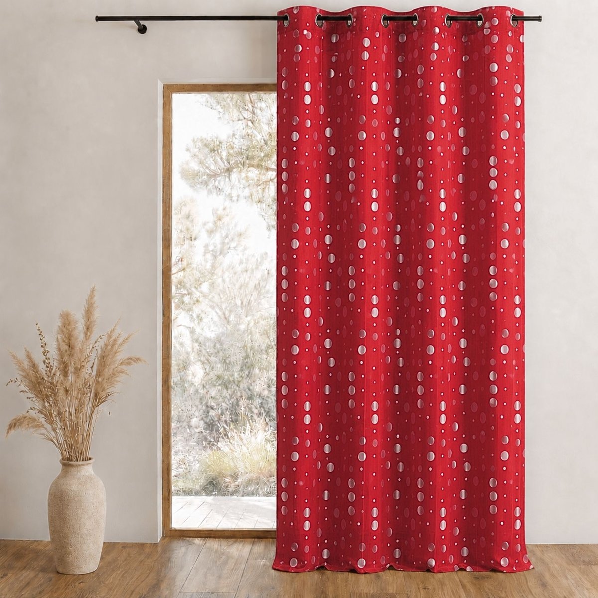 Rideau en jacquard froissé motifs de ronds rouge orangé, HOME MAISON