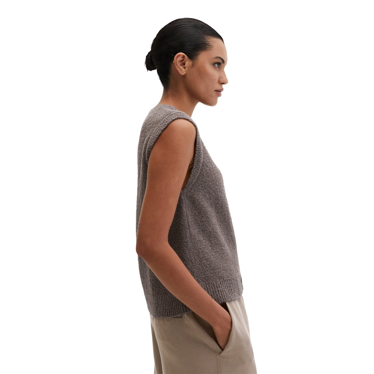 Gilet tricoté sans manches regular en fil bouclé marron, MARC O'POLO