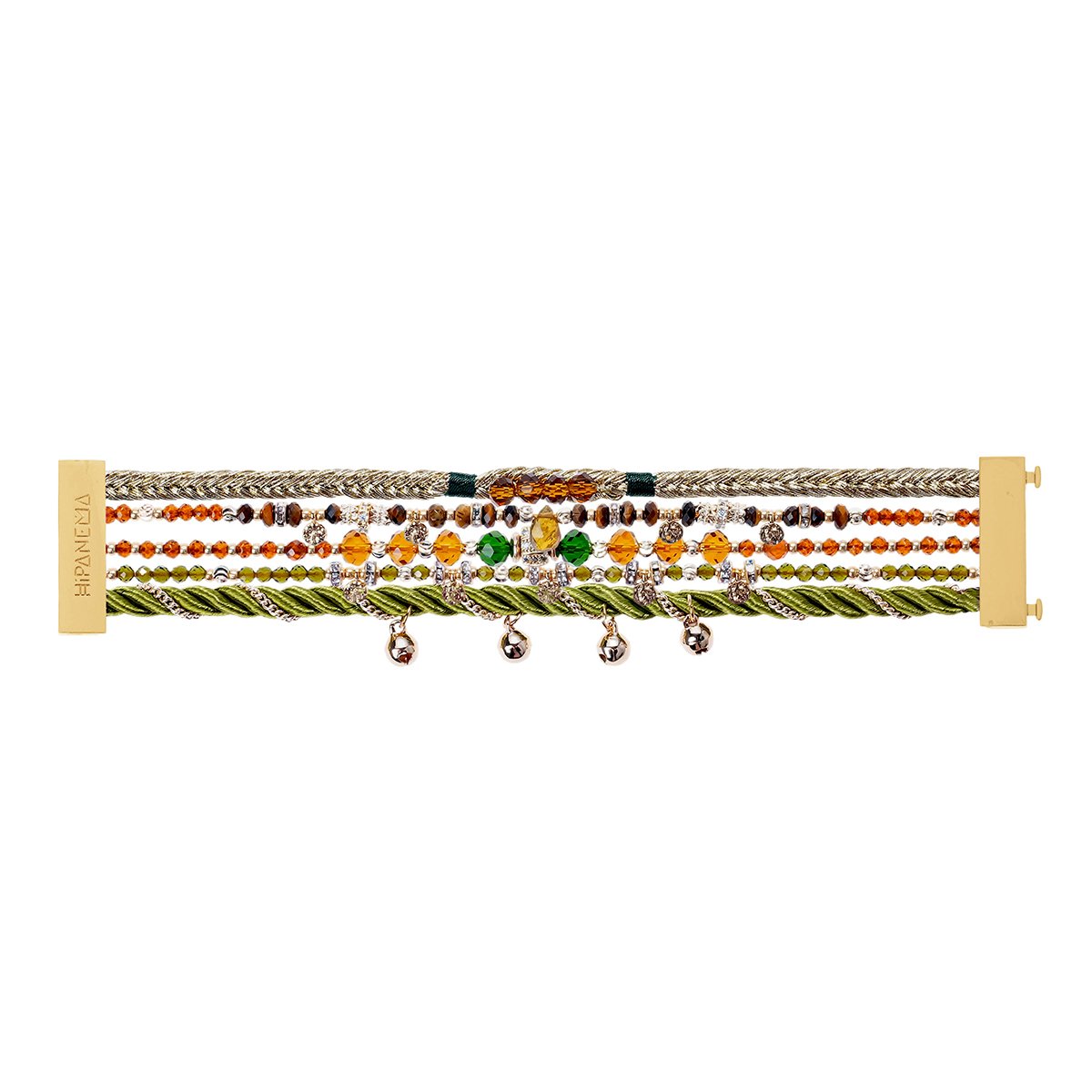 Bracelet manchette multiliens avec perles et pampilles ALOF vert, HIPANEMA