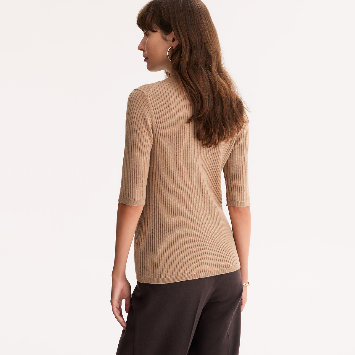 Pull col rond en laine mélangée, côtes plates camel, ANNE WEYBURN