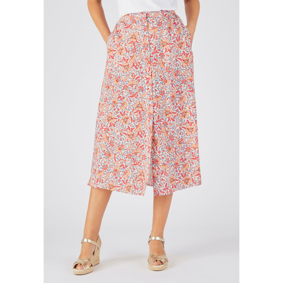 Jupe boutonnée pure viscose blanc ecru fleuri, DAMART