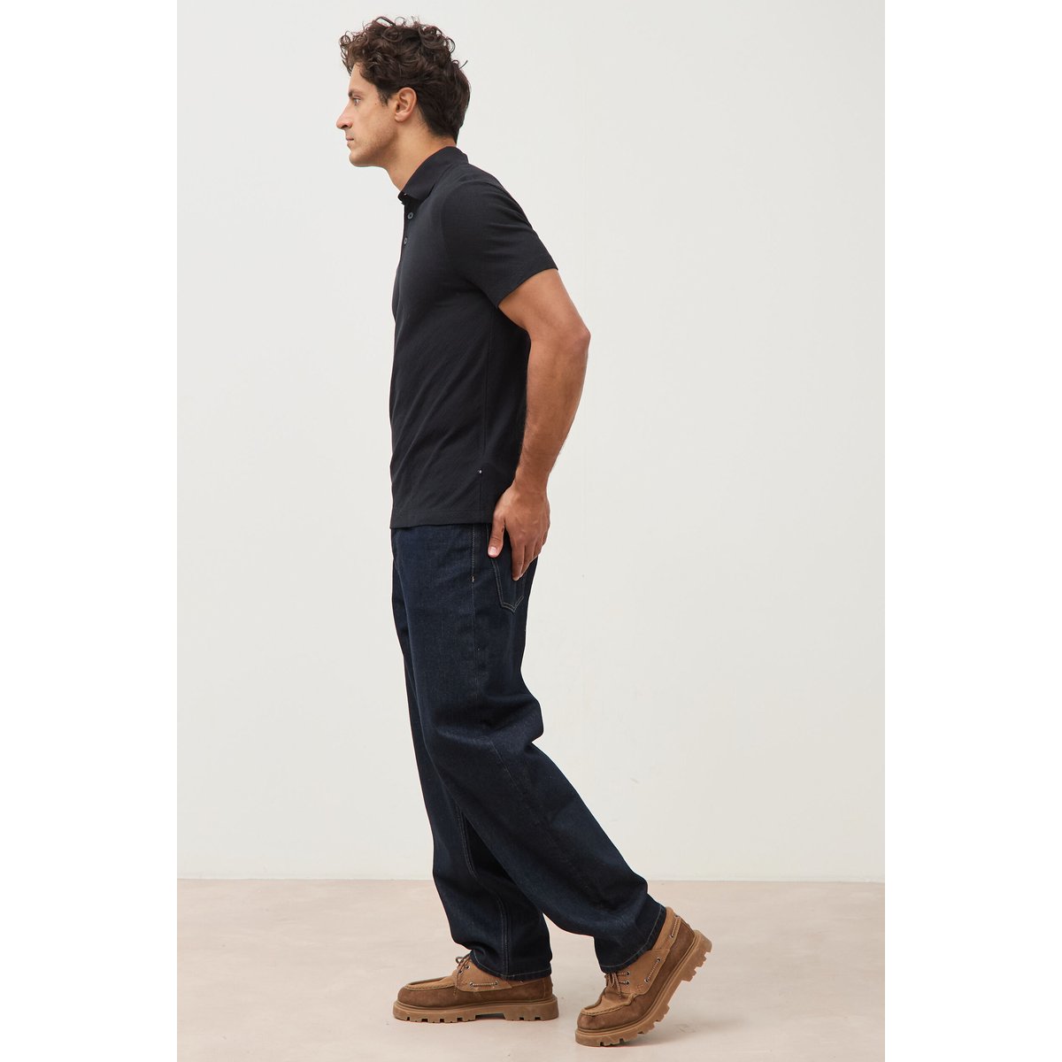 Polo droit en coton manches courtes noir, BONOBO