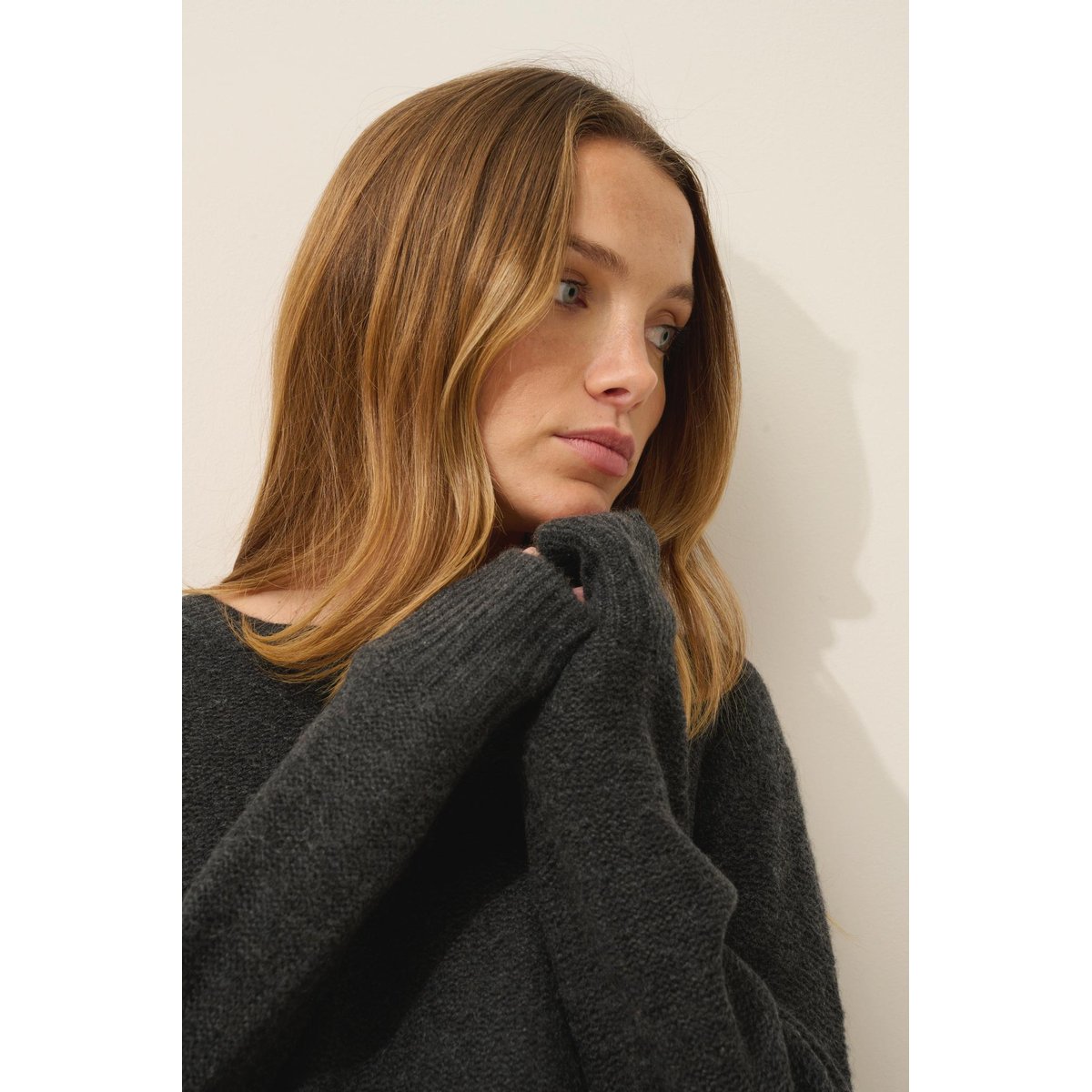 Pull Col Rond 6 Fils Carbone Chiné Cetan noir chiné, JUST CASHMERE