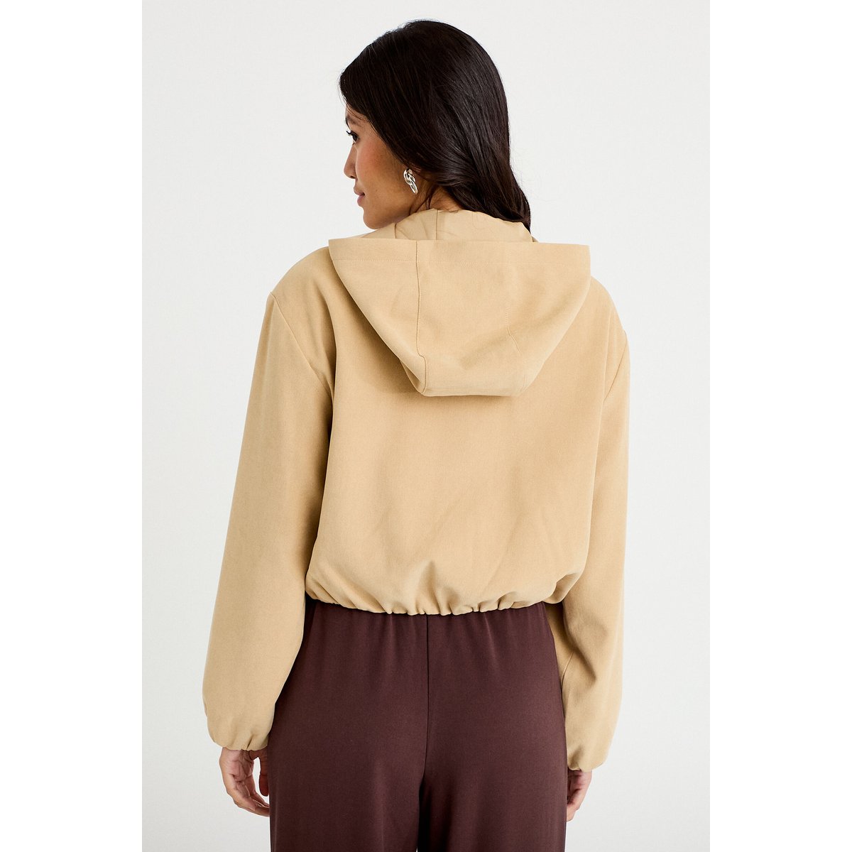 Veste cropped à capuche manches longues beige, CACHE CACHE