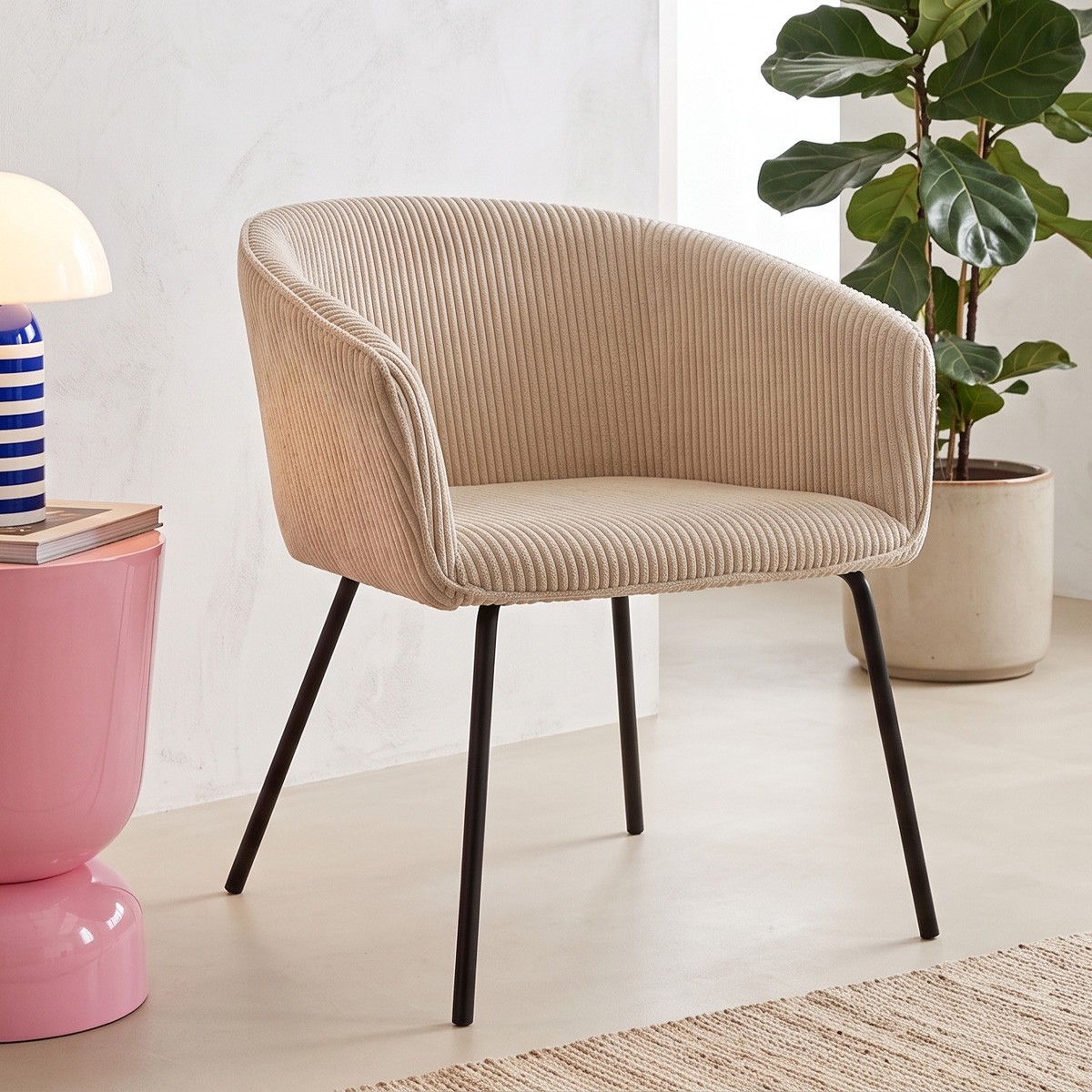 Lot de 2 fauteuils de table en velours côtelé - SWANN beige, HOMIFAB
