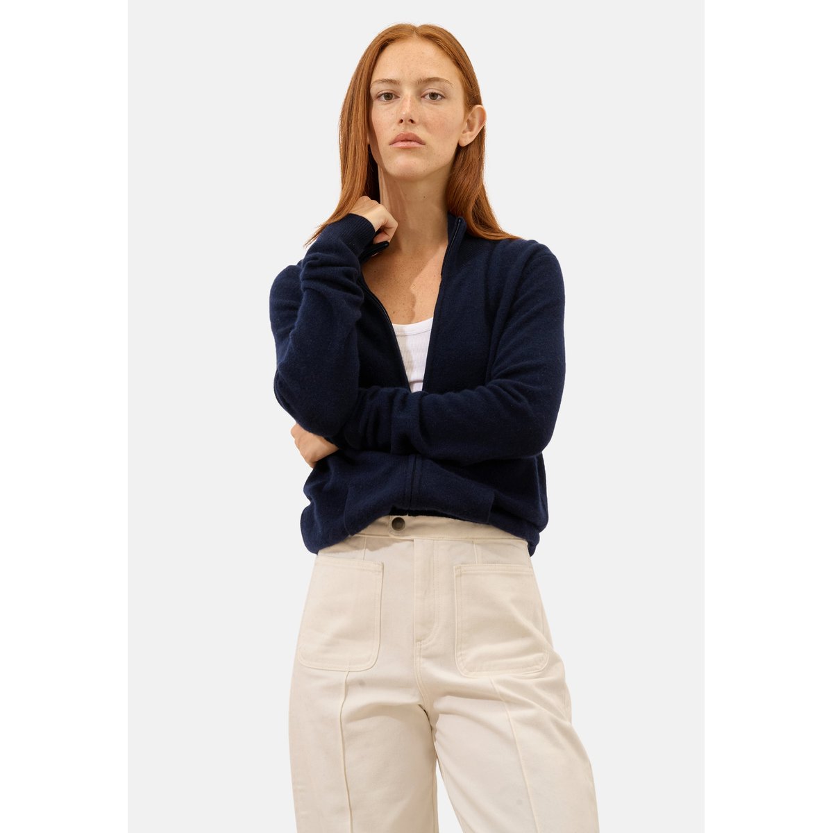 Gilet Zippé Col Montant Navy Ayr bleu foncé, JUST CASHMERE