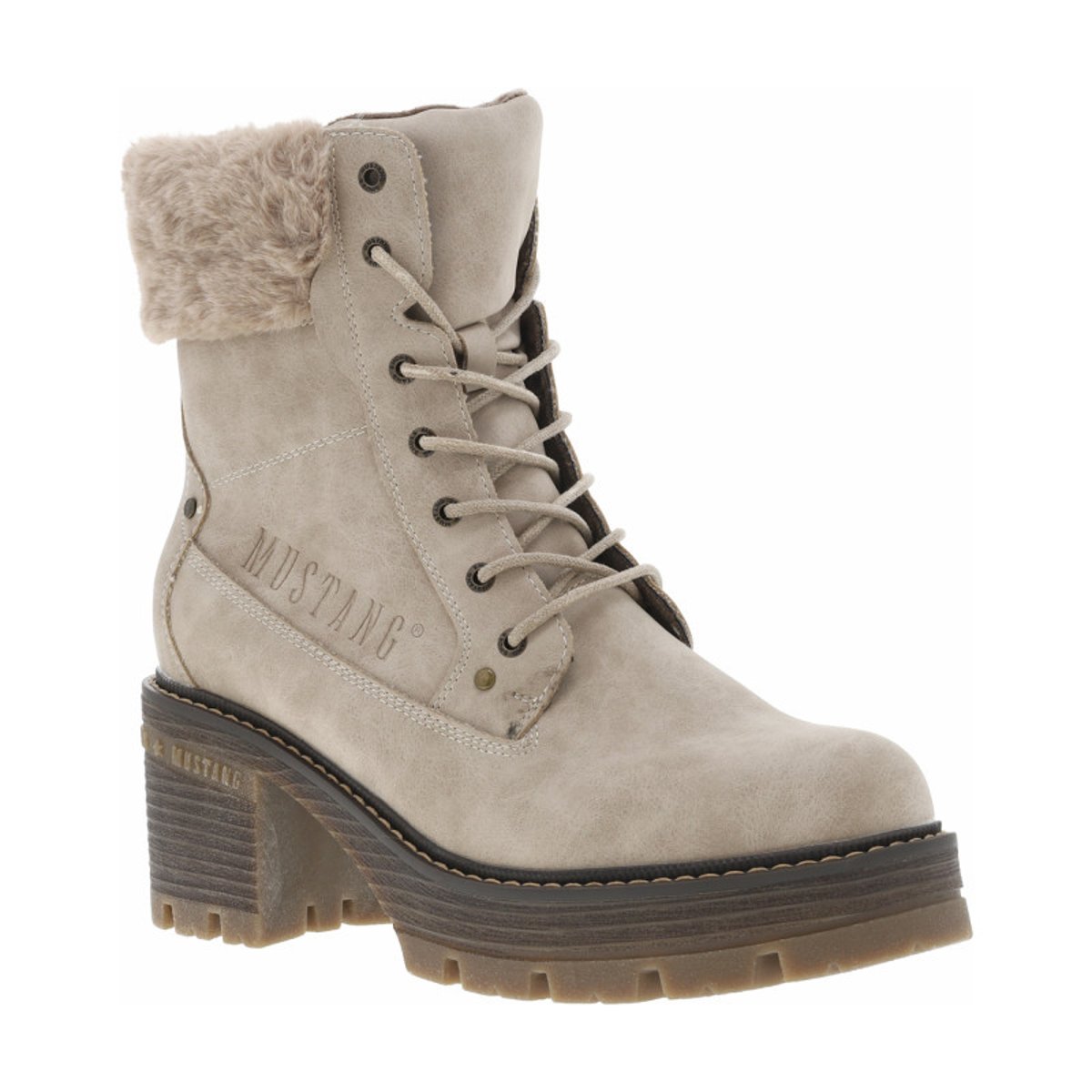 Bottines noisette à talon décroché moyen avec un zip et des lacets ronds taupe, MUSTANG