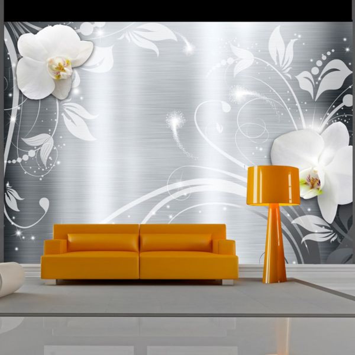 Papier peint intissé panoramique Fleurs Orchids on steel gris / argent, EDEN