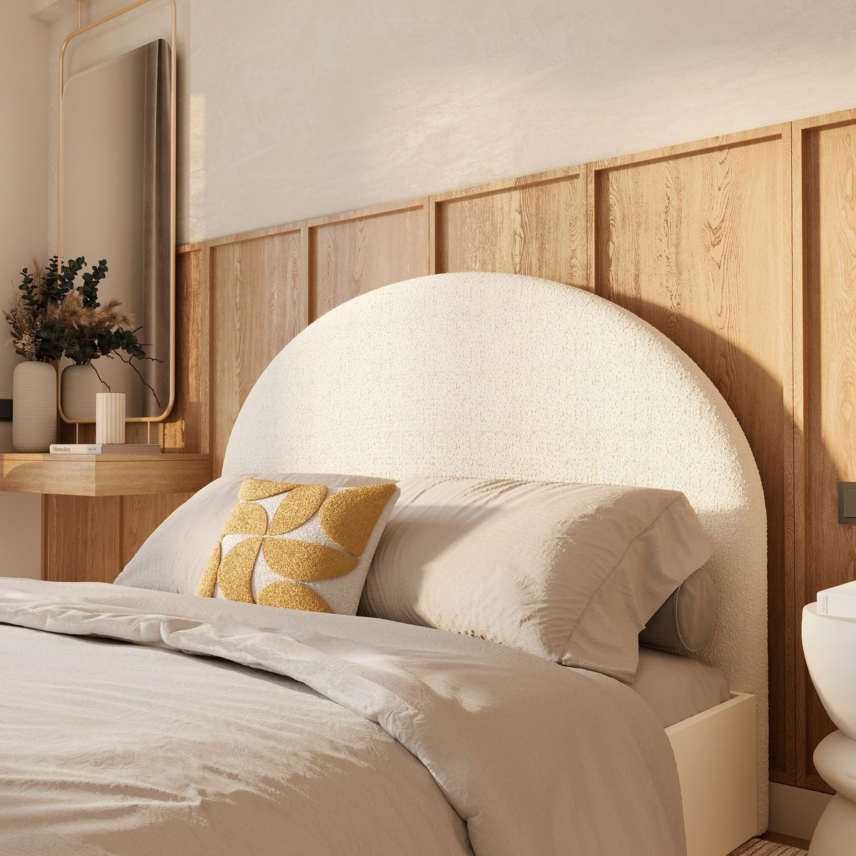 Tête de lit en tissu bouclé 160 cm - EVA beige, MAISON PAVANE