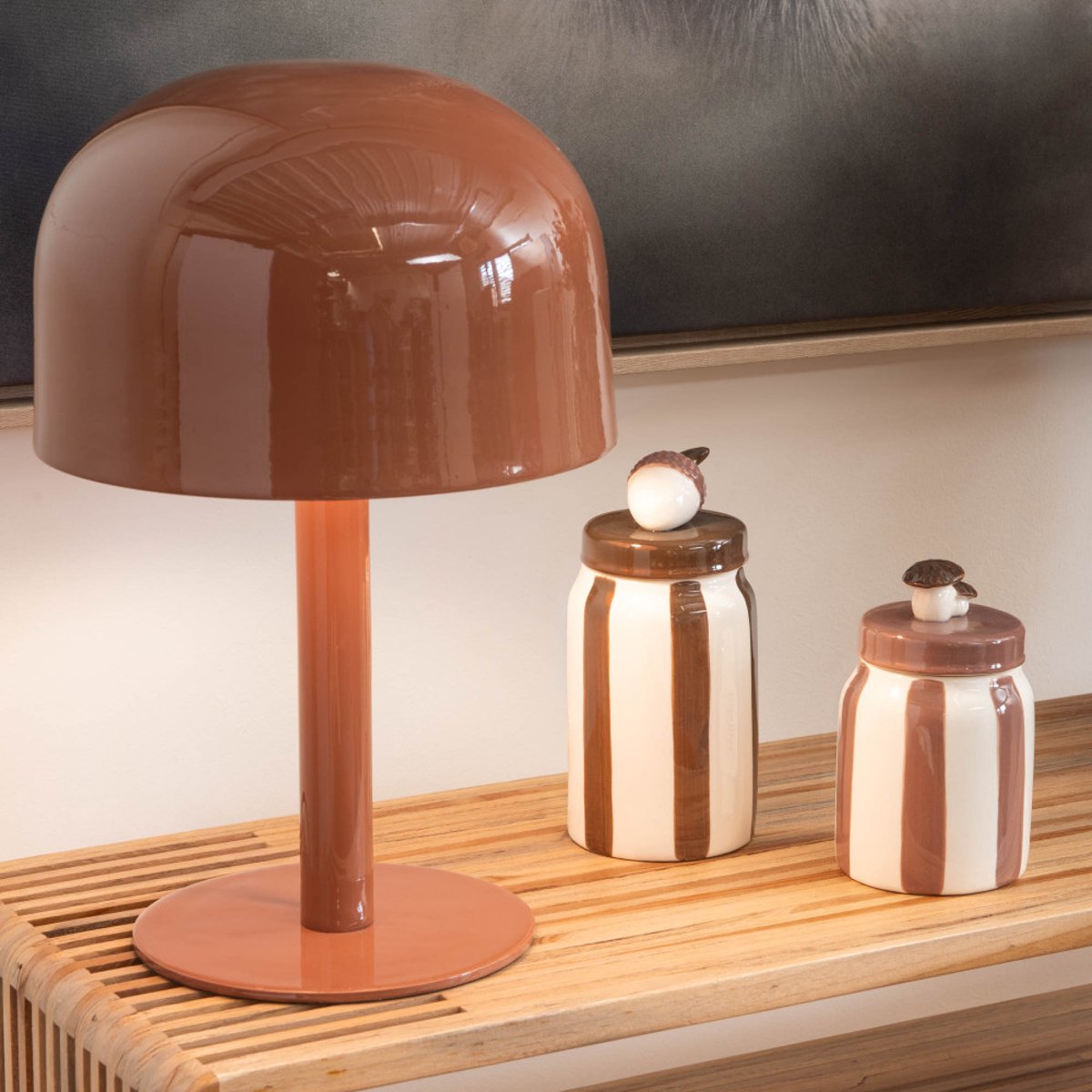 Boite champignon H11 cm rayée chocolat en céramique crème / ivoire, AMADEUS