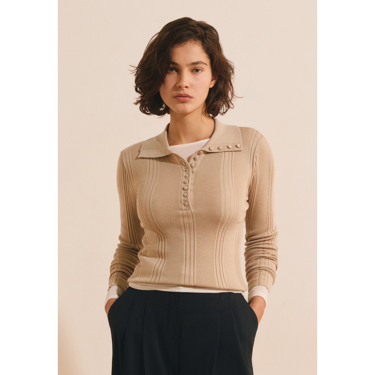 Pull manches longues à col polo STUART beige, ETAM