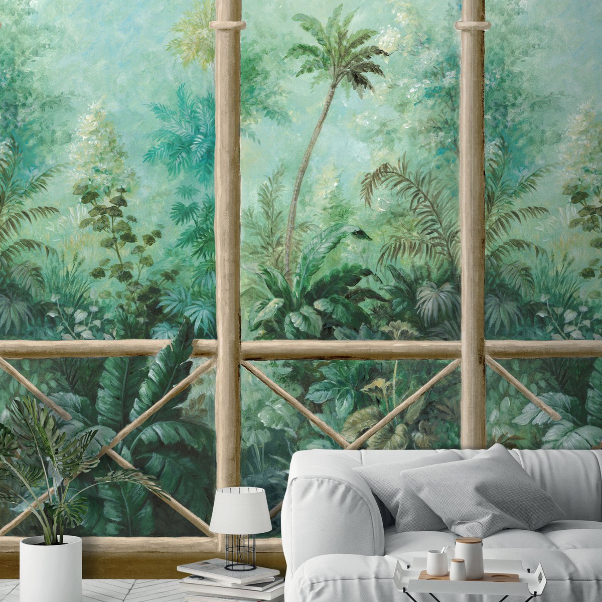 Papier peint balcon sur jungle vert, HEXOA