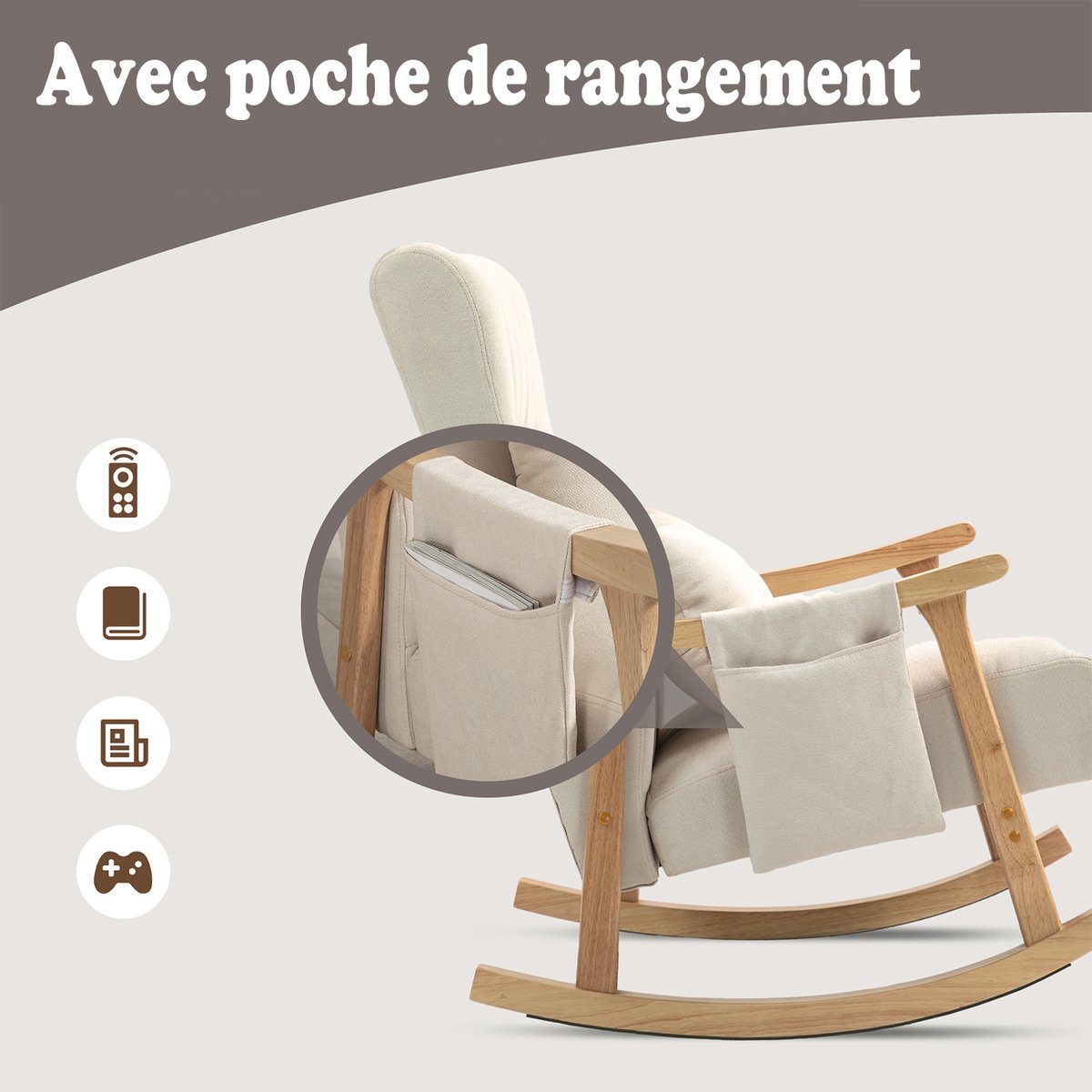 Fauteuil à bascule style scandinave tissu lin, RAMOND beige, MEUBLES COSY