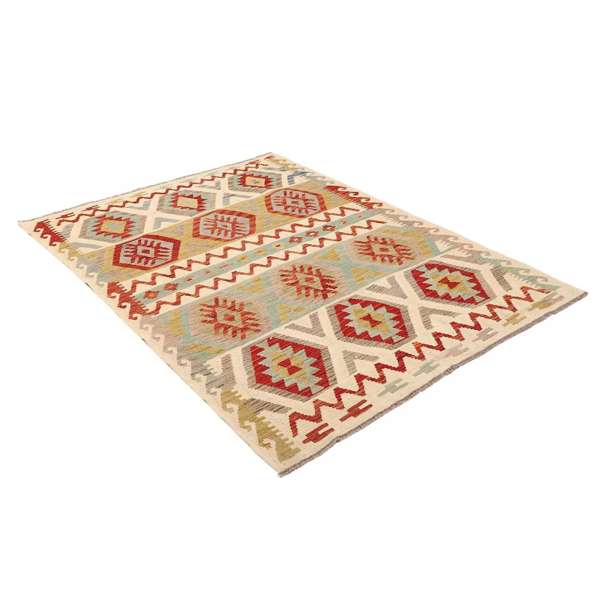 Tapis d'orient au motif ethnique, tissé plat en laine pure, KILIM 4 multicolore, crème, rouge, UN AMOUR DE TAPIS
