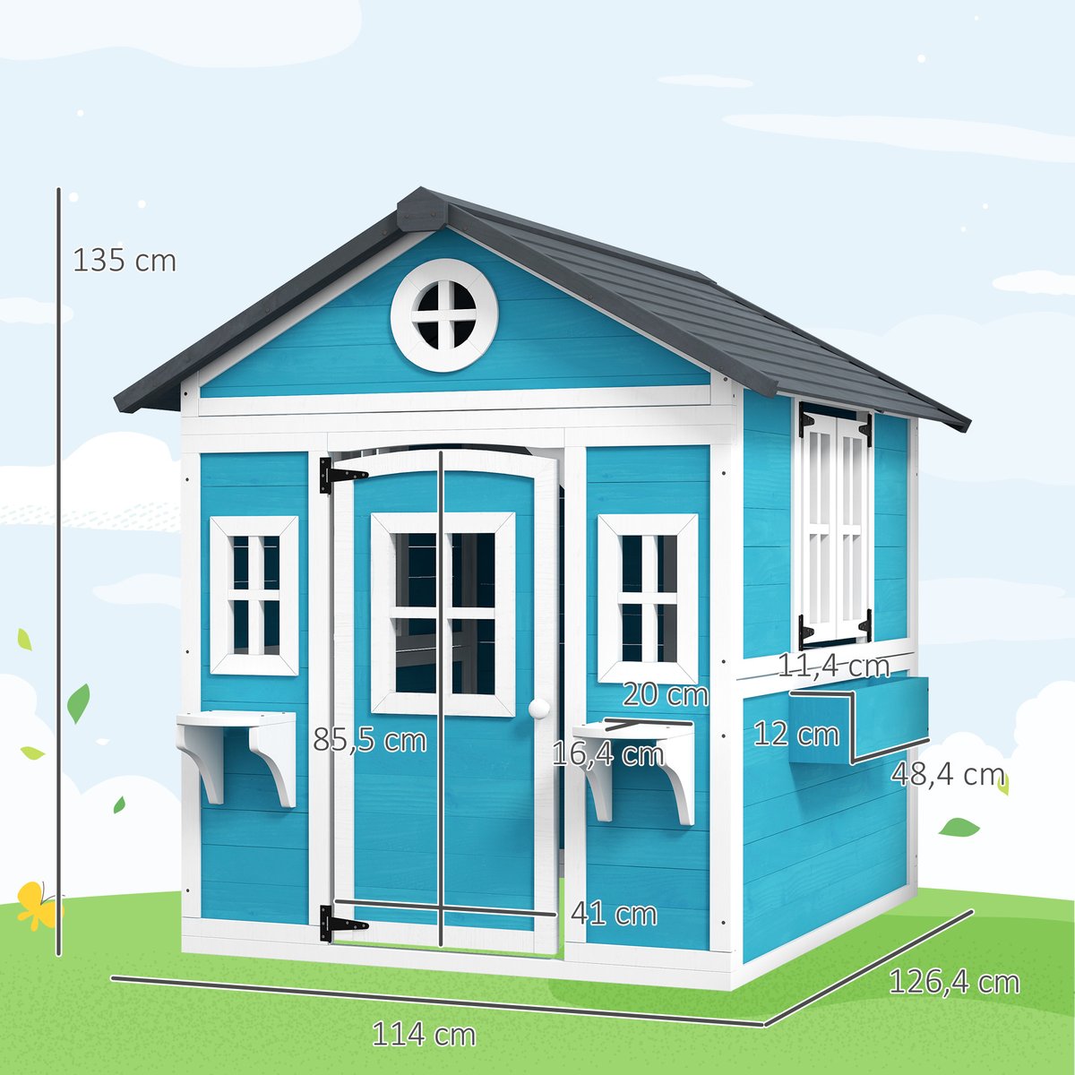 Maisonnette pour enfants Bois massif Bleu bleu, OUTSUNNY