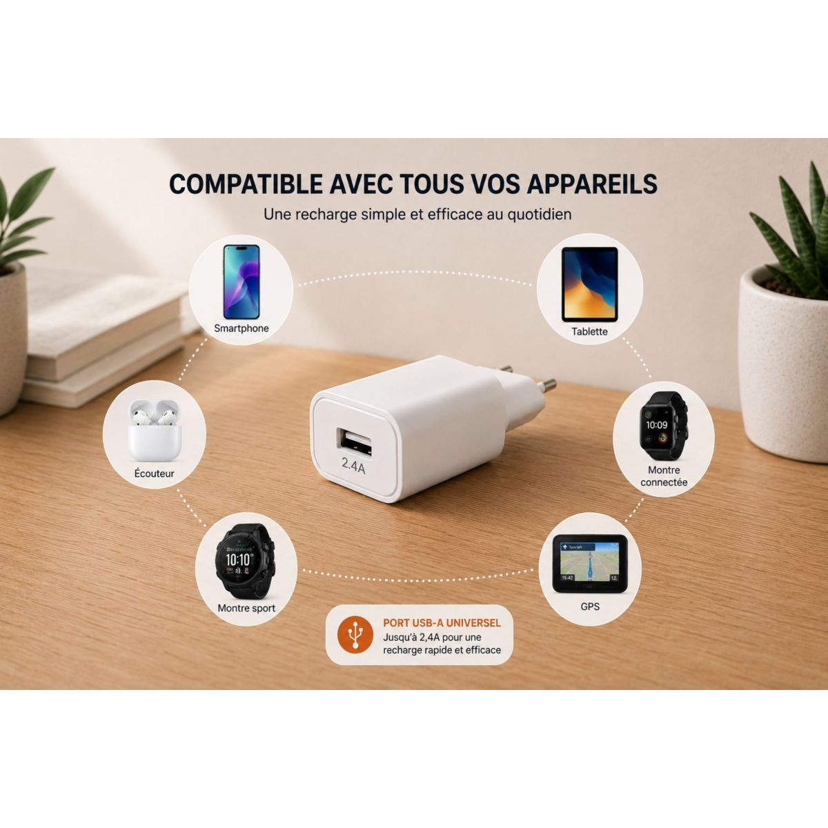 Chargeur 12W USB-A Blanc compatible iPhone 17 16 15 Pro Max et Samsung Galaxy blanc, ESSENTIEL B